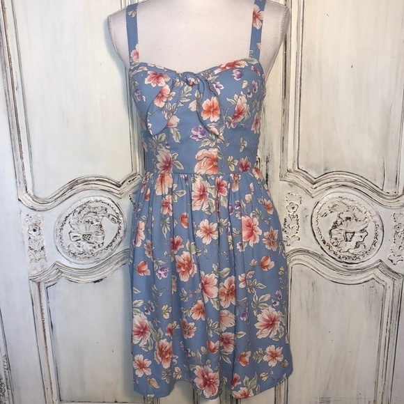 Xhilaration Dresses & Skirts - Pinup 50’s FairyCore Coastal Cowgirl Style Blue Floral Strap Dress Size XS